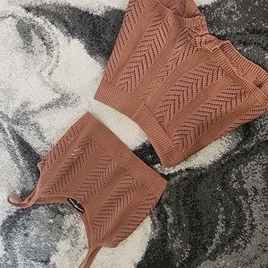 Almost Famous Knit Brown Tan Crochet Set S